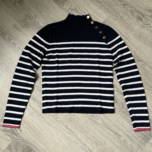 Springfield Sweaters - Springfield Striped Mock Turtleneck Sweater in Navy and White, Size 0